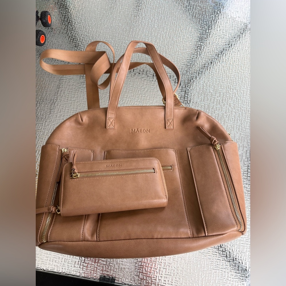 Maedn Tan Leather Tote Bag (Can be used as Diaper Bag) with Wallet